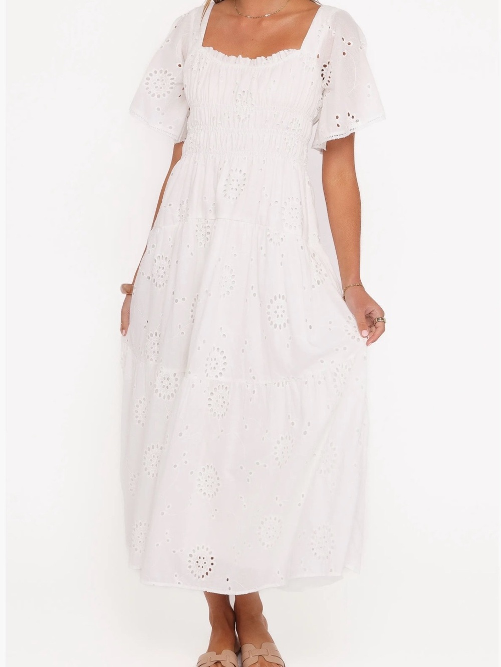Petal & Pup White Eyelet Maxi Dress with Smocked Bodice